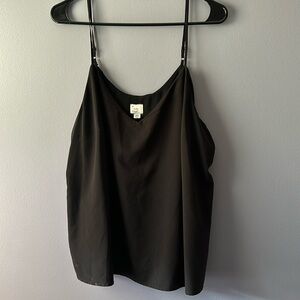 Black tank top with adjustable spaghetti straps V-neck front